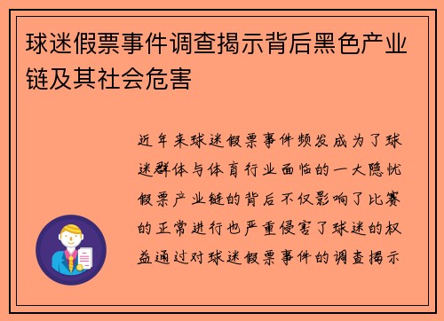 球迷假票事件调查揭示背后黑色产业链及其社会危害
