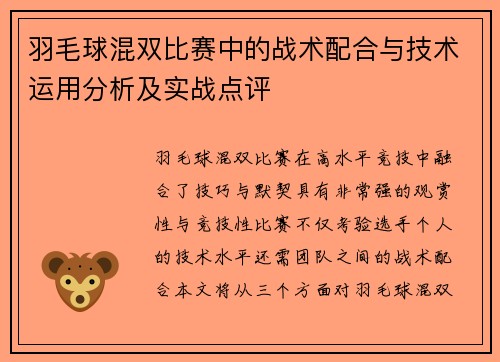 羽毛球混双比赛中的战术配合与技术运用分析及实战点评
